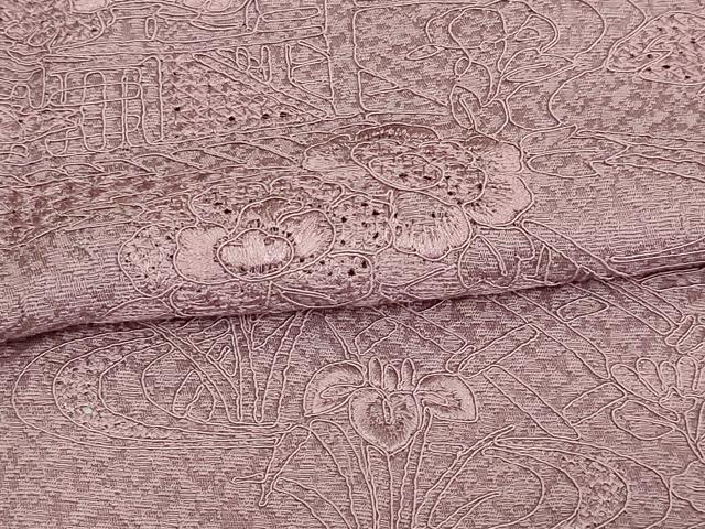 平和屋着物▽中国三大刺繍 汕頭刺繍 スワトウ刺繍 総刺繍 訪問着 色無地 単衣 草花文 紅藤色 正絹 逸品 DAAV9607sf