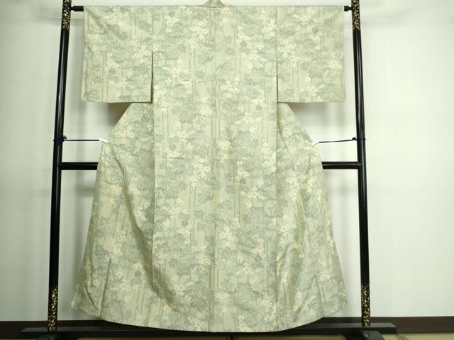平和屋着物▽上質な紬 単衣 笹竹花文 正絹 逸品 DAAV9617sf