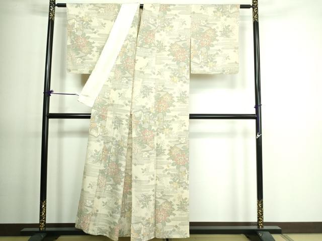 平和屋着物▽本塩沢 単衣 草花文 正絹 逸品 DAAV9633sf