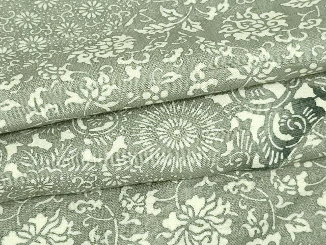 平和屋着物▽上質な紬 型染 単衣 花唐草文 正絹 逸品 DAAV9678sf