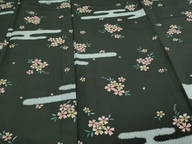平和屋着物▽小紋 単衣 霞草花文 黒地 洗える着物 DAAV9754sf
