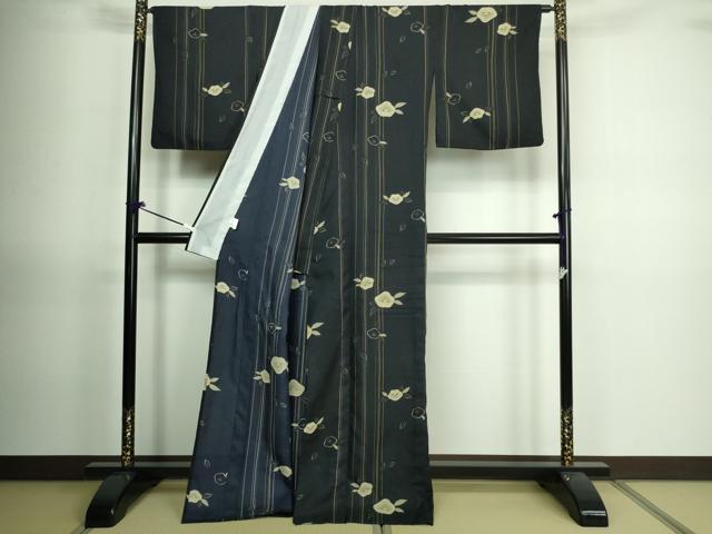 平和屋着物▽小紋 単衣 舞花文 黒地 ロング丈 洗える着物 DAAV9770sf