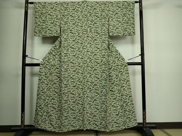 平和屋着物▽上質な紬 単衣 舞扇花文 鬼しぼ縮緬 正絹 逸品 DAAV9855sf