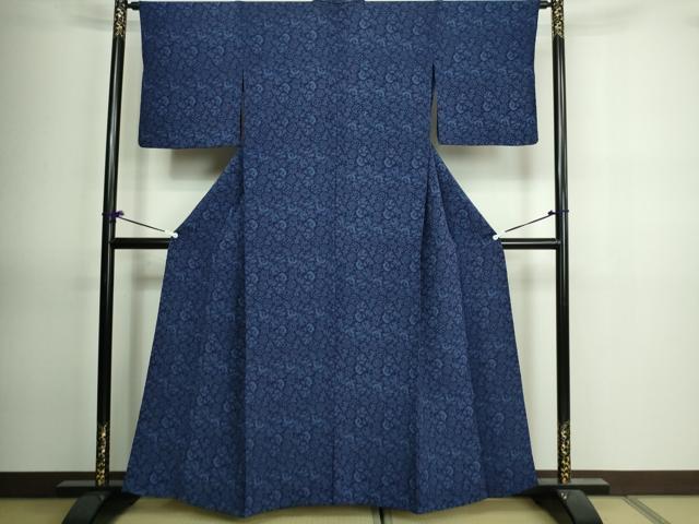 平和屋着物▽上質な小紋 単衣 藍 型染め 花唐草文 鬼しぼ縮緬 正絹 逸品 DAAV9864sf