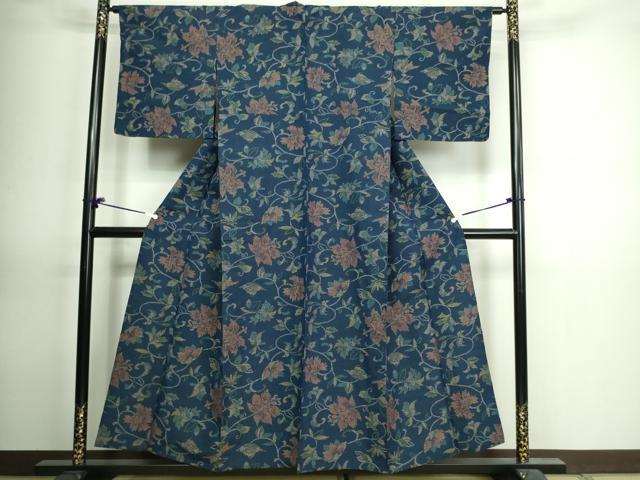 平和屋着物▽上質な紬 単衣 更紗花文 正絹 逸品 DAAV9874sf