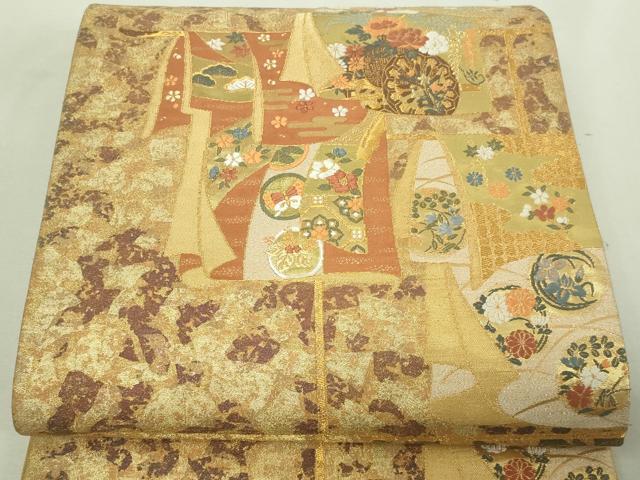 平和屋着物▼六通柄袋帯 唐織 作家物 慶長小袖紋 金糸 正絹 逸品 DAAV9880sf
