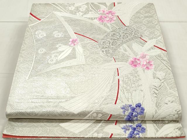 平和屋着物◎六通柄袋帯 唐織 束ね熨斗花文 銀糸 正絹 逸品 DAAW1025qa