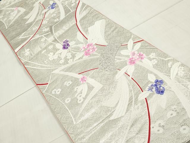 平和屋着物◎六通柄袋帯 唐織 束ね熨斗花文 銀糸 正絹 逸品 DAAW1025qa
