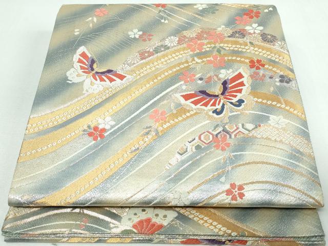 平和屋着物◎両面 六通柄袋帯 立波花蝶文 金銀糸 正絹 逸品 DAAW1334qa