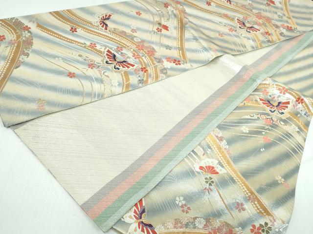 平和屋着物◎両面 六通柄袋帯 立波花蝶文 金銀糸 正絹 逸品 DAAW1334qa
