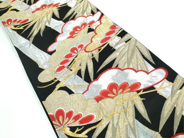 平和屋着物◎六通柄袋帯 笹竹枝松文 黒地 金銀糸 正絹 逸品 DAAW1339qa
