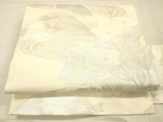 平和屋着物*夏物 九寸名古屋帯 流水草花文 銀糸 正絹 逸品 DAAW1647cm