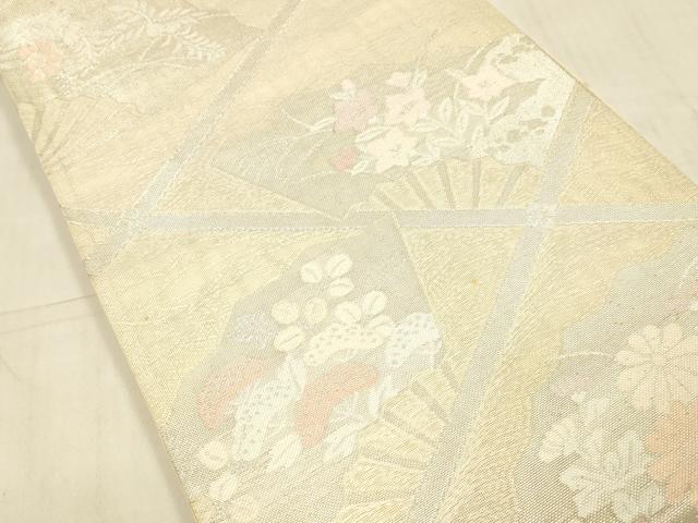 平和屋着物*夏物 六通柄袋帯 扇面草花文 銀糸 正絹 逸品 DAAW1931cm