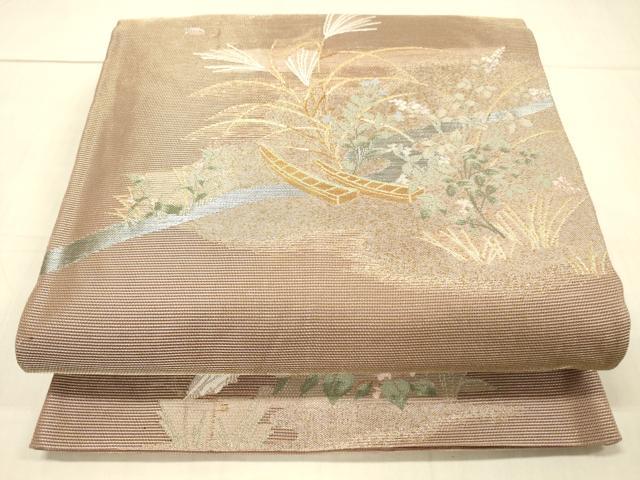 平和屋着物*夏物 六通柄袋帯 夕なぎ 白鷺 掛船風景秋草文 金銀糸 正絹 逸品 DAAW1932cm