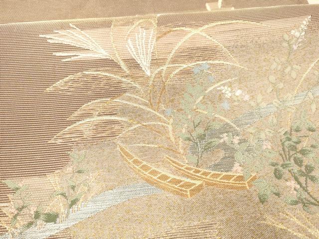 平和屋着物*夏物 六通柄袋帯 夕なぎ 白鷺 掛船風景秋草文 金銀糸 正絹 逸品 DAAW1932cm