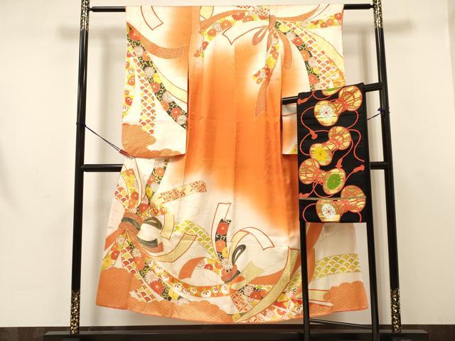 平和屋着物∵女の子 十三参り 子供 祝着・袋帯セット 駒刺繍 束ね熨斗花文 暈し染め 金彩 逸品 DAAW2772ma