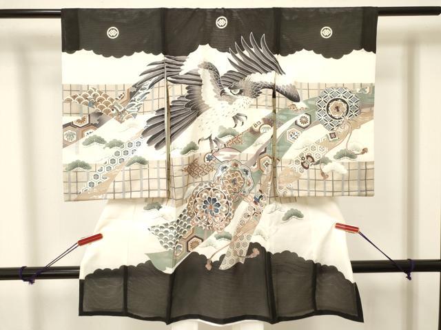 平和屋着物*夏物 お宮参り 男の子 祝着 産着 初着 のしめ 絽 鷹 鷲 鏡裏花松文 銀彩 逸品 DAAW2920ma