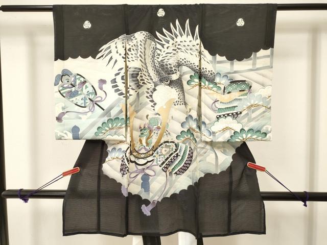 平和屋着物*夏物 お宮参り 男の子 祝着 産着 初着 のしめ 絽 鷹 鷲 龍 兜 渡橋松文 銀彩 逸品 DAAW2930ma