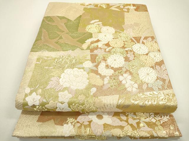平和屋着物▼六通柄袋帯 唐織 色紙重ね飛鶴花文 金糸 正絹 逸品 DAAW3967fe