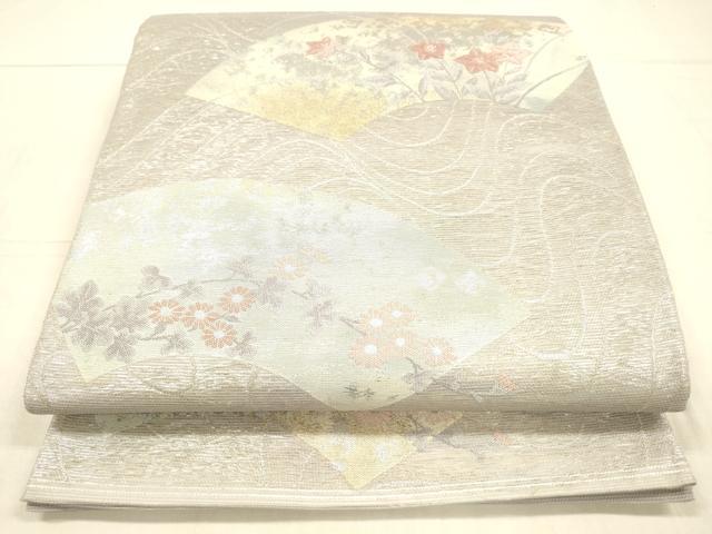 平和屋着物*夏物 六通柄袋帯 流水地紙草花文 銀糸 正絹 逸品 DAAW4203cm