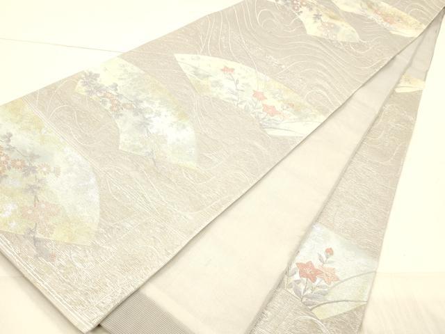平和屋着物*夏物 六通柄袋帯 流水地紙草花文 銀糸 正絹 逸品 DAAW4203cm