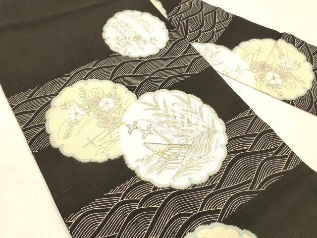 平和屋着物*夏物 アンティーク 大正ロマン 九寸名古屋帯 駒刺繍 雪輪飛鳥草花文 黒地 銀糸 正絹 逸品 DAAW4207cm