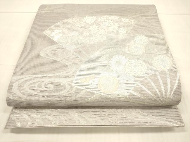 平和屋着物*夏物 西陣 六通柄袋帯 流水扇面草花文 銀糸 正絹 逸品 DAAW4213cm