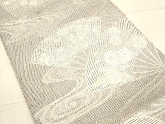 平和屋着物*夏物 西陣 六通柄袋帯 流水扇面草花文 銀糸 正絹 逸品 DAAW4213cm