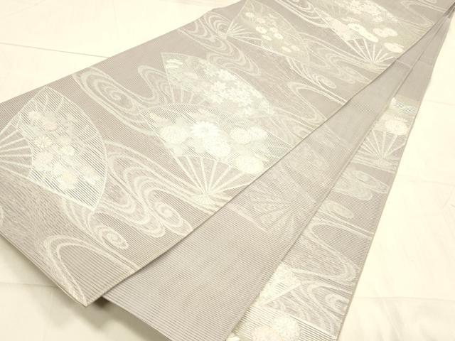平和屋着物*夏物 西陣 六通柄袋帯 流水扇面草花文 銀糸 正絹 逸品 DAAW4213cm