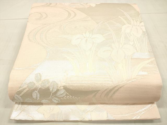 平和屋着物*夏物 六通柄袋帯 流水草花文 銀糸 正絹 逸品 DAAW4225cm