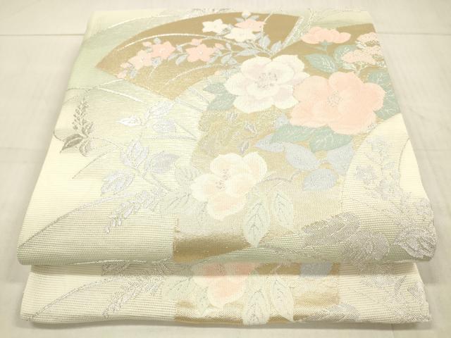 平和屋着物*夏物 六通柄袋帯 扇面草花文 金銀糸 正絹 逸品 DAAW4226cm