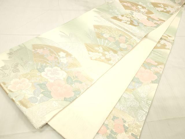 平和屋着物*夏物 六通柄袋帯 扇面草花文 金銀糸 正絹 逸品 DAAW4226cm