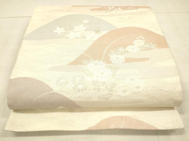 平和屋着物*夏物 六通柄袋帯 遠山草花文 銀糸 正絹 逸品 DAAW4241cm