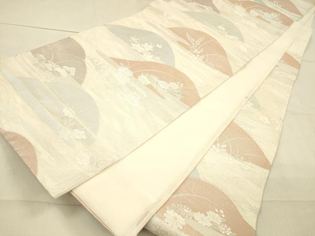平和屋着物*夏物 六通柄袋帯 遠山草花文 銀糸 正絹 逸品 DAAW4241cm