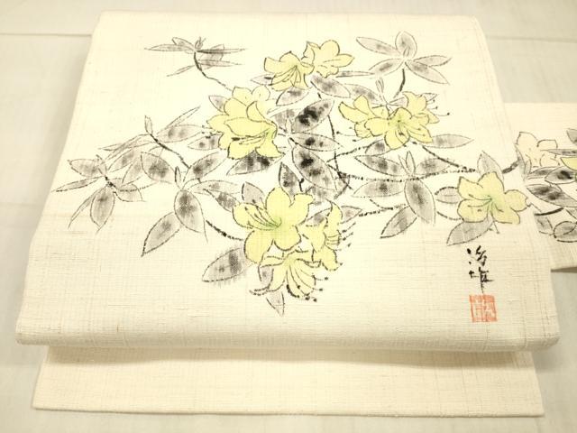 平和屋着物●九寸名古屋帯 作家物 手描き 紬地 草花文 逸品 DAAW4374cm