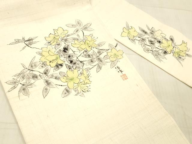 平和屋着物●九寸名古屋帯 作家物 手描き 紬地 草花文 逸品 DAAW4374cm
