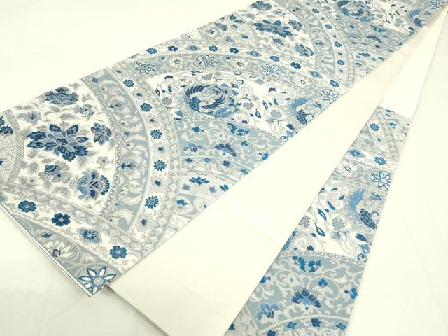 平和屋着物●六通柄袋帯 紹巴藍染 鳳凰花唐草文 正絹 逸品 DAAW4440cm
