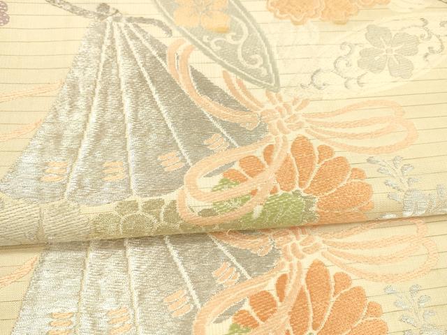 平和屋着物*夏物 アンティーク 大正ロマン 丸帯 檜扇草花文 金銀糸 正絹 逸品 DAAW4506cm