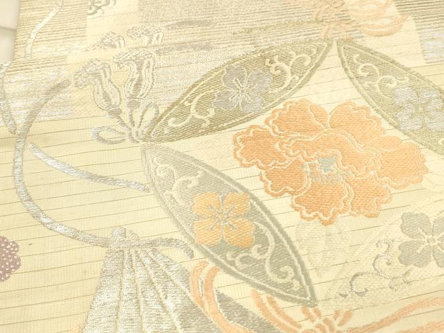 平和屋着物*夏物 アンティーク 大正ロマン 丸帯 檜扇草花文 金銀糸 正絹 逸品 DAAW4506cm
