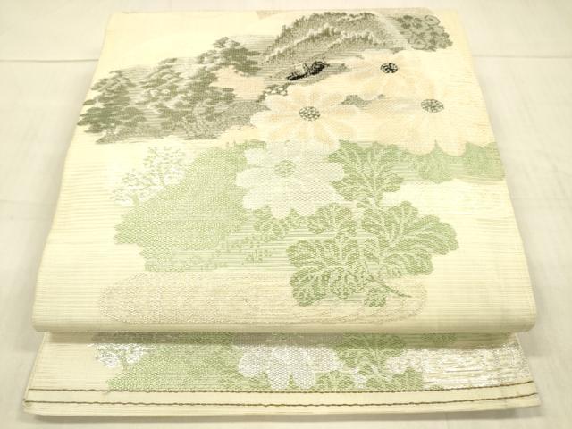 平和屋着物*夏物 アンティーク 大正ロマン 丸帯 風景草花文 銀糸 正絹 逸品 DAAW4509cm