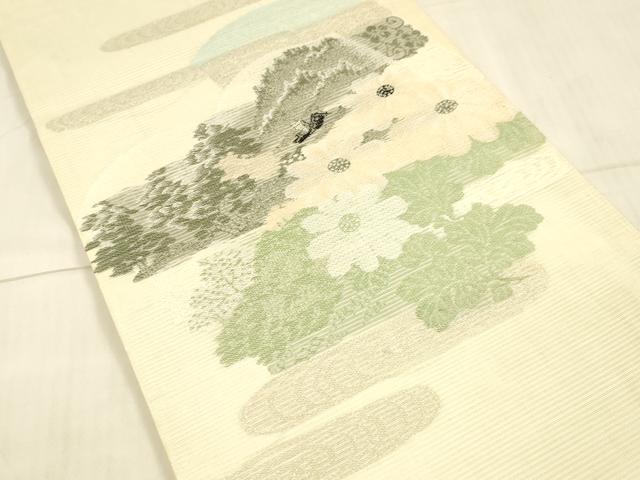 平和屋着物*夏物 アンティーク 大正ロマン 丸帯 風景草花文 銀糸 正絹 逸品 DAAW4509cm