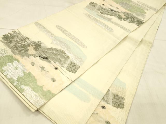 平和屋着物*夏物 アンティーク 大正ロマン 丸帯 風景草花文 銀糸 正絹 逸品 DAAW4509cm