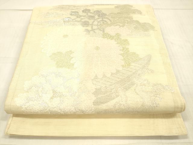 平和屋着物*夏物 アンティーク 大正ロマン 丸帯 草花舟文 銀糸 正絹 逸品 DAAW4510cm