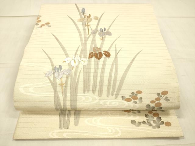 平和屋着物*夏物 アンティーク 大正ロマン 丸帯 引き抜き帯 刺繍 流水杜若文 金糸 正絹 逸品 DAAW4518cm