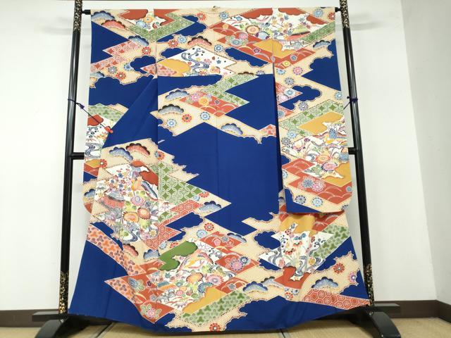 平和屋着物●豪華振袖 型染め 飛鶴風景草花文 正絹 逸品 DAAW5194ud