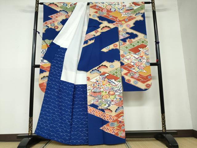 平和屋着物●豪華振袖 型染め 飛鶴風景草花文 正絹 逸品 DAAW5194ud