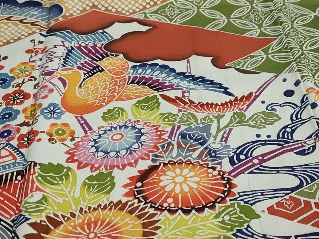 平和屋着物●豪華振袖 型染め 飛鶴風景草花文 正絹 逸品 DAAW5194ud