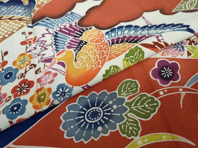 平和屋着物●豪華振袖 型染め 飛鶴風景草花文 正絹 逸品 DAAW5194ud