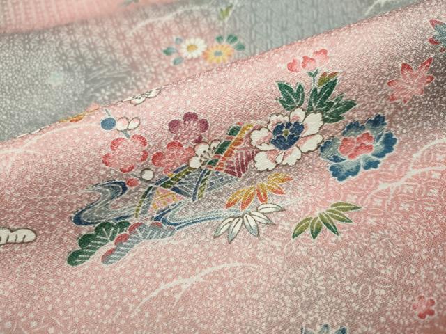 平和屋着物●上質な小紋 松竹梅 流水風景草花文 暈し染め 正絹 逸品 DAAW5487ud
