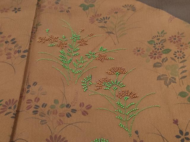 平和屋着物●中国三大刺繍 相良刺繍 訪問着 草花文 カラー胴裏:濃藍色 正絹 逸品 DAAW5505ud